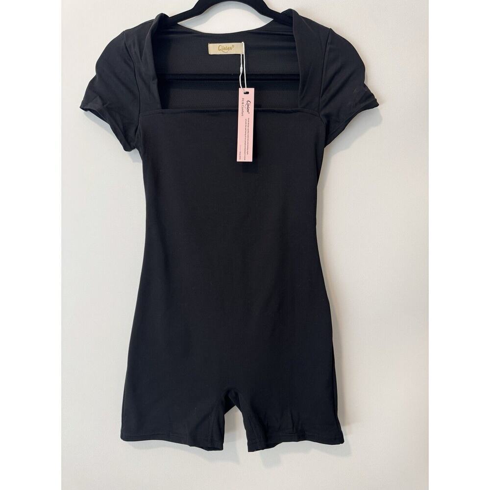 QINSEN‎ Women's Short Sleeve Bodycon Romper Stretchy Square Neck Jumpsuit Sexy L